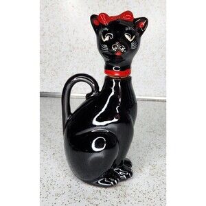 Shafford Japan Redware Black Cat Red Bow Sake Cruet Bottle Vintage HTF Rare